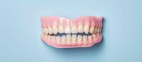 foto di un' dentale impiantare con un' realistico guardare artificiale dente contro un' vivace blu fondale con copia spazio