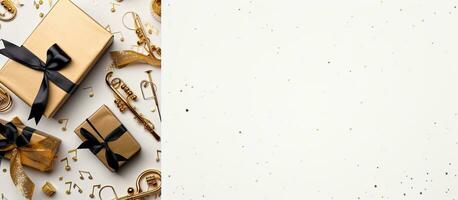 foto di regalo scatole su un' elegante bianca sfondo con elegante oro e nero Accenti con copia spazio