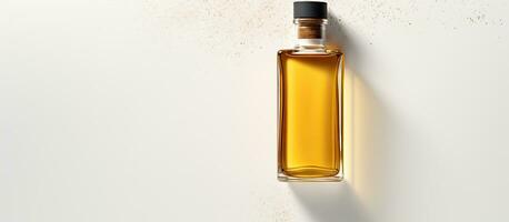 foto di un' bottiglia di oliva olio su un' pulito bianca sfondo con abbondanza di copia spazio con copia spazio