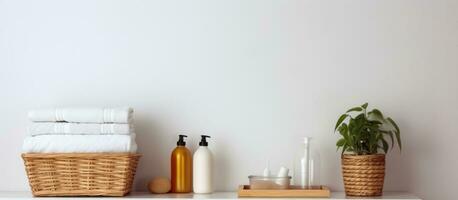 foto di un' ordinatamente organizzato mensola con vario bagno prodotti Compreso sapone, lozione bottiglie, e un' cestino con copia spazio