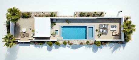 foto di un' lussuoso Casa con un' sbalorditivo nuoto piscina a partire dal un' uccelli occhio Visualizza con copia spazio
