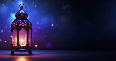 islamico saluto eid mubarak carte per musulmano vacanza. Arabo Ramadan lanterna .decorazione lampada, generativo ai foto