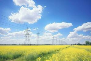 al largo mulino a vento parco con nuvole e un' blu cielo, mulino a vento parco con vento turbina, verde energia, generativo ai foto