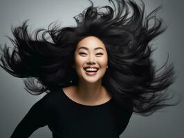 più dimensione asiatico donna emotivo dinamico posa ai generativo foto