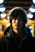 studio tiro di giovane asiatico uomo dinamico emotivo gesti ai generativo foto