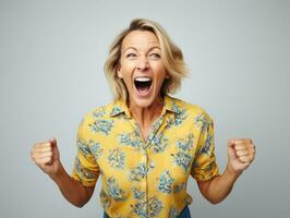 studio tiro di di mezza età donna dinamico emotivo gesti ai generativo foto