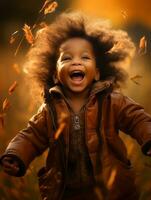 emotivo dinamico gesti africano ragazzo nel autunno ai generativo foto