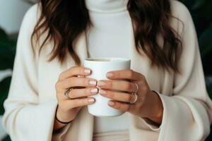 avvicinamento di femmina mani con un' boccale di bevanda. ragazza Tenere tazza di tè o caffè. generativo ai foto