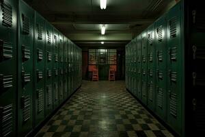 buio scuola corridoio con sporco armadietti. generativo ai illustrazione foto