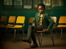 africano ragazzo nel emotivo dinamico posa nel scuola ai generativo foto