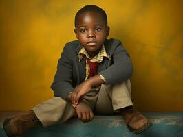 africano ragazzo nel emotivo dinamico posa nel scuola ai generativo foto