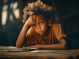 africano ragazzo nel emotivo dinamico posa nel scuola ai generativo foto