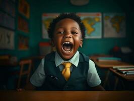 africano ragazzo nel emotivo dinamico posa nel scuola ai generativo foto