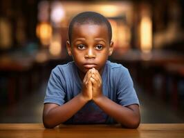 africano ragazzo nel emotivo dinamico posa nel scuola ai generativo foto