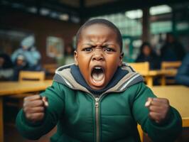 africano ragazzo nel emotivo dinamico posa nel scuola ai generativo foto