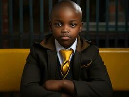 africano ragazzo nel emotivo dinamico posa nel scuola ai generativo foto