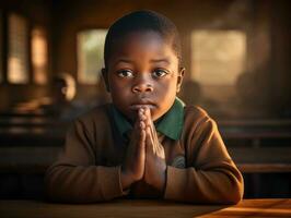 africano ragazzo nel emotivo dinamico posa nel scuola ai generativo foto