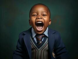 africano ragazzo nel emotivo dinamico posa nel scuola ai generativo foto