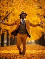 africano uomo nel emotivo dinamico posa su autunno sfondo ai generativo foto