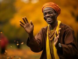 africano uomo nel emotivo dinamico posa su autunno sfondo ai generativo foto