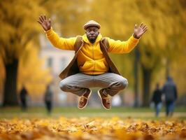 africano uomo nel emotivo dinamico posa su autunno sfondo ai generativo foto