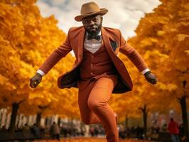 africano uomo nel emotivo dinamico posa su autunno sfondo ai generativo foto