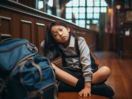 asiatico ragazzo nel emotivo dinamico posa nel scuola ai generativo foto