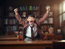 asiatico ragazzo nel emotivo dinamico posa nel scuola ai generativo foto