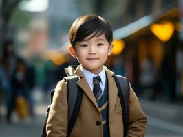 asiatico ragazzo nel emotivo dinamico posa nel scuola ai generativo foto