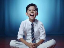 asiatico ragazzo nel emotivo dinamico posa nel scuola ai generativo foto