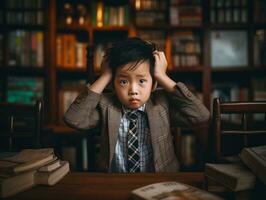 asiatico ragazzo nel emotivo dinamico posa nel scuola ai generativo foto