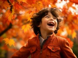 asiatico ragazzo nel emotivo dinamico posa su autunno sfondo ai generativo foto