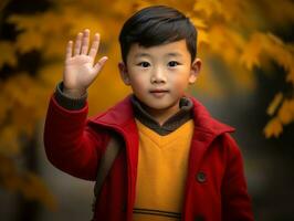 asiatico ragazzo nel emotivo dinamico posa su autunno sfondo ai generativo foto
