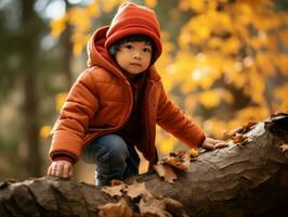 asiatico ragazzo nel emotivo dinamico posa su autunno sfondo ai generativo foto