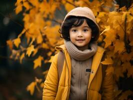 asiatico ragazzo nel emotivo dinamico posa su autunno sfondo ai generativo foto