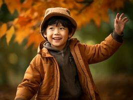 asiatico ragazzo nel emotivo dinamico posa su autunno sfondo ai generativo foto