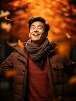foto di emotivo dinamico posa asiatico uomo nel autunno ai generativo