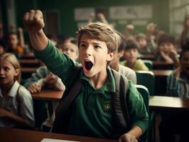 foto di emotivo dinamico posa brasiliano ragazzo nel scuola ai generativo