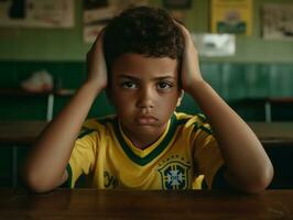 foto di emotivo dinamico posa brasiliano ragazzo nel scuola ai generativo