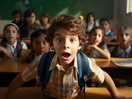 foto di emotivo dinamico posa brasiliano ragazzo nel scuola ai generativo