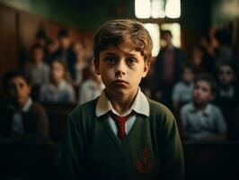 foto di emotivo dinamico posa europeo ragazzo nel scuola ai generativo