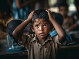 foto di emotivo dinamico posa indiano ragazzo nel scuola ai generativo