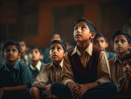 foto di emotivo dinamico posa indiano ragazzo nel scuola ai generativo