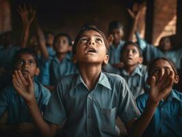 foto di emotivo dinamico posa indiano ragazzo nel scuola ai generativo