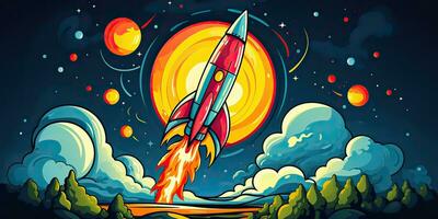 ai generato. ai generativo. cartone animato razzo partire volare su lancio. spazio galassia avventura viaggio. grafico arte foto