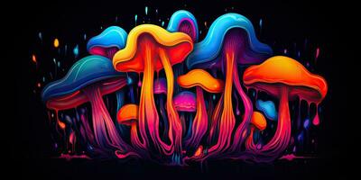 ai generato. ai generativo. neon leggero luminosa disegnare dipingere inchiostro arte fungo nel psichedelico stile. grafico arte foto