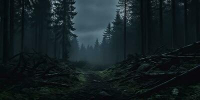 ai generato. ai generativo. nebbia Magia nebbia notte buio foresta albero giungla paesaggio sfondo. pauroso natura all'aperto avventura Esplorare viaggio vibrazione stile. grafico arte foto