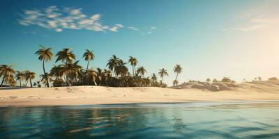 ai generato. ai generativo. avventura vacanza paesaggio Visualizza di Paradiso isola sabbia costa con palme su tramonto. vacanza rilassante sfondo vibrazione. grafico arte foto
