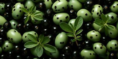 ai generato. ai generativo. nero e verde olive salutare biologico verdure mescolare decorazione modello sfondo. grafico arte foto