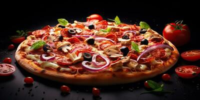 ai generato. ai generativo. tradizionale italiano peperoni Pizza cibo. famoso gustoso veloce cibo pasto al forno fresco cucina. grafico arte foto